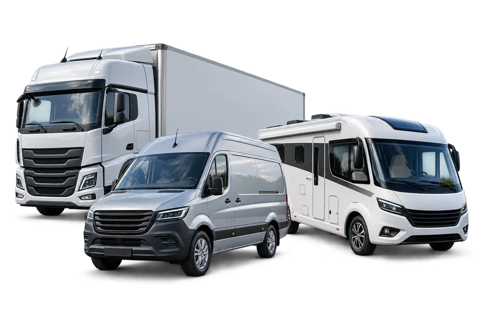 Freigestellte Darstellung von Lkw, Transporter und Wohnmobil